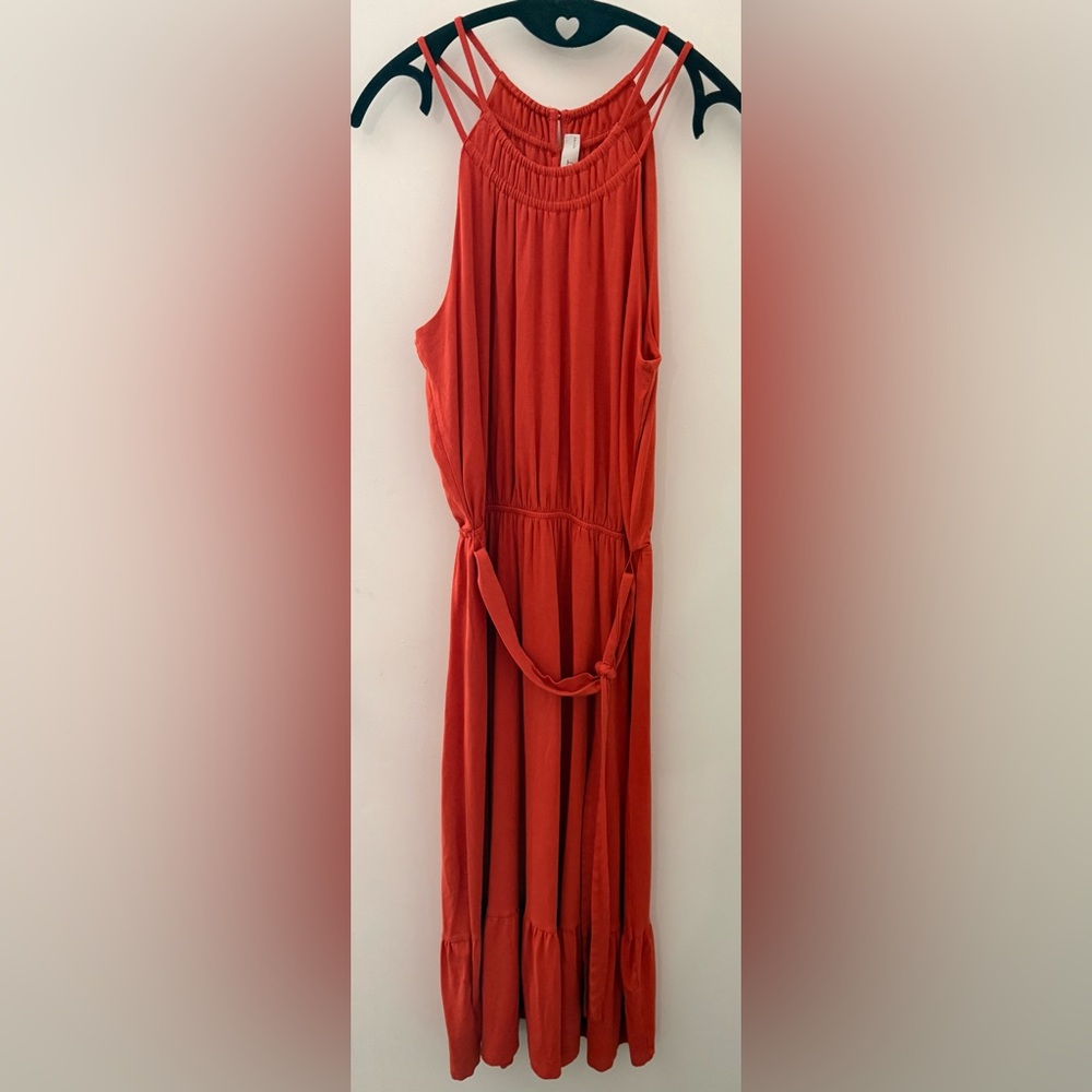 LOFT Coral-Orange Halter Midi Dress with Tie Waist - Picture 2 of 7